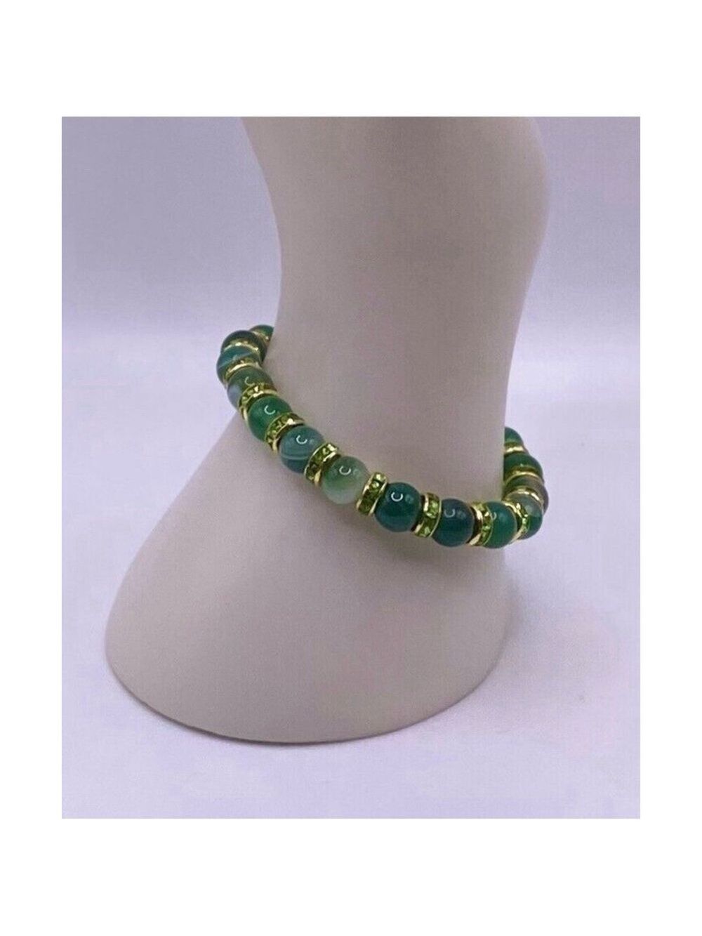 Round Green Bead Bracelet Green & Gold Sparkling Spacers Size: Small Wrist - Picture 6 of 6
